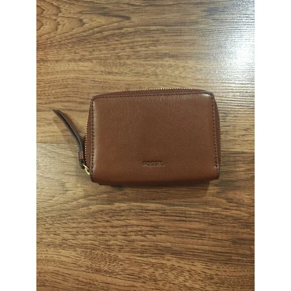 Fossil Fiona Goat Leather Wallet Brown Folding Snap Closure Full Zip Classic - Picture 2 of 6